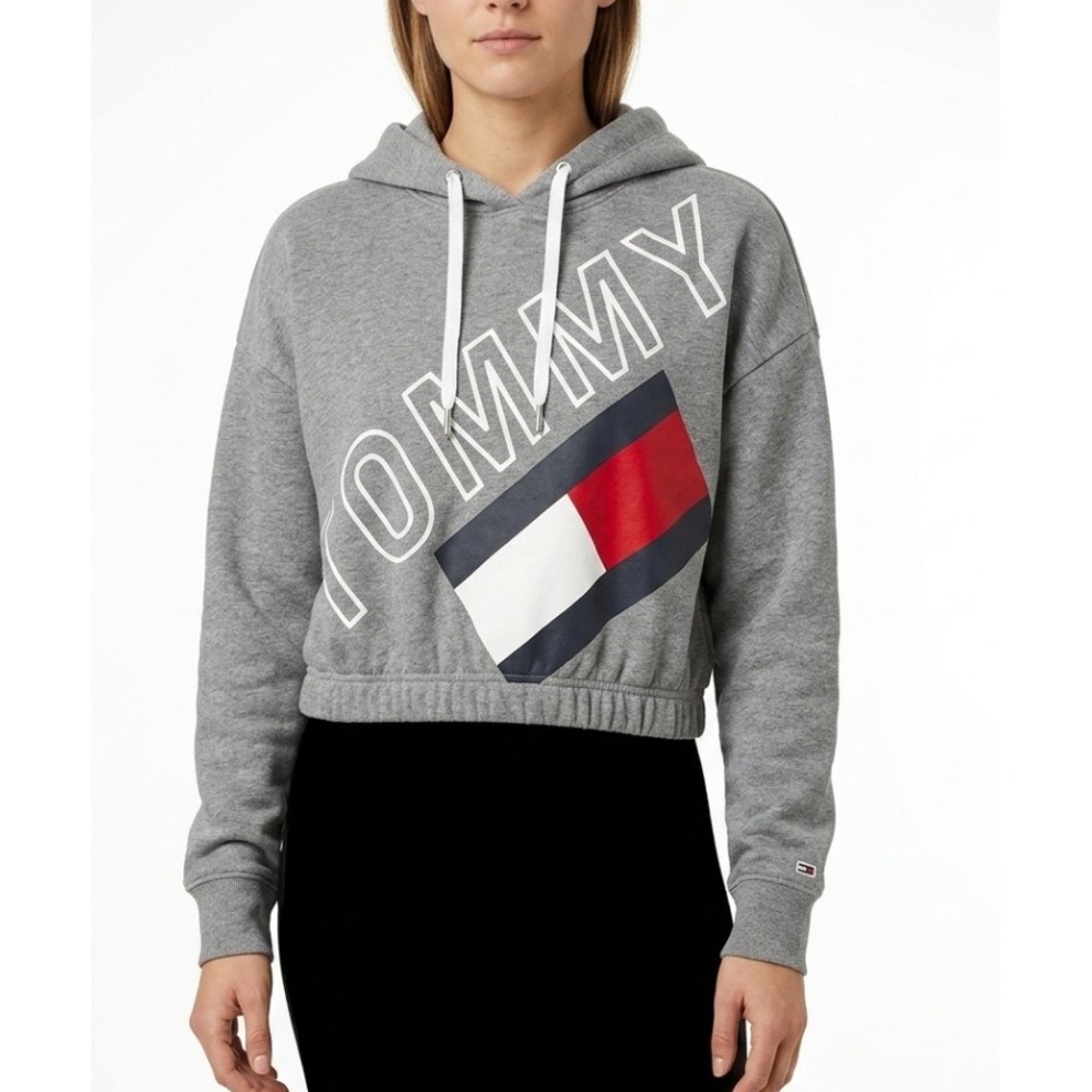 Tommy‎ Hilfiger Sport Hoodie Womens Small Gray Cropped Logo Pullover Sweatshirt